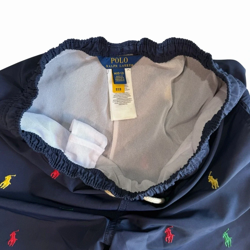 Polo Ralph Lauren Young Boys Navy Blue AOP Logo Swim Trunks Shorts Size M 10/12